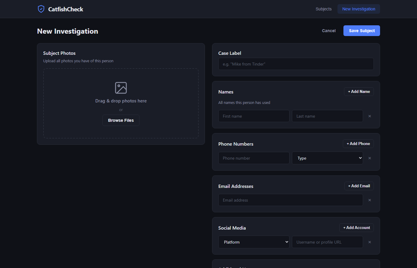 CatfishCheck investigation interface