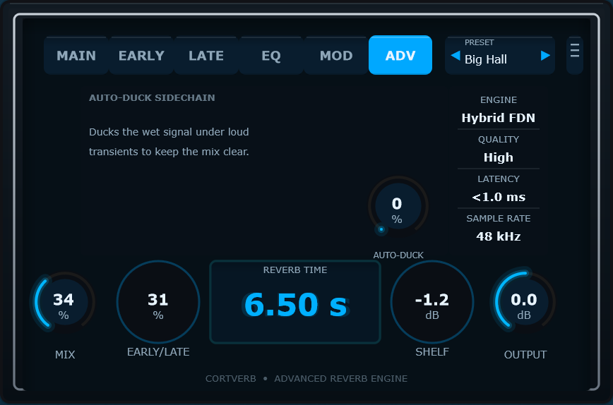 CortVerb Advanced screen — auto-duck and engine info