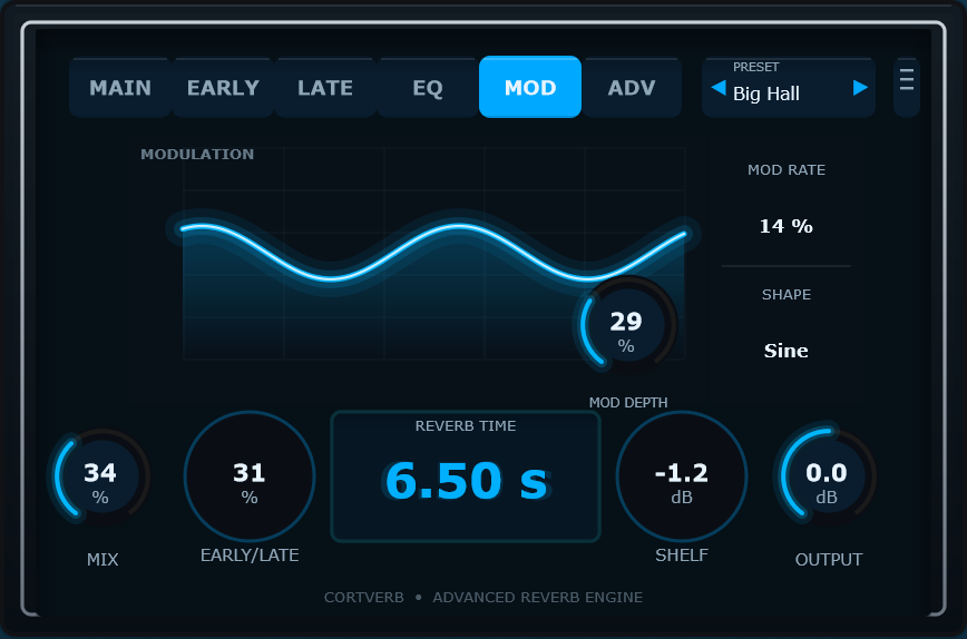 CortVerb Mod screen — modulation LFO