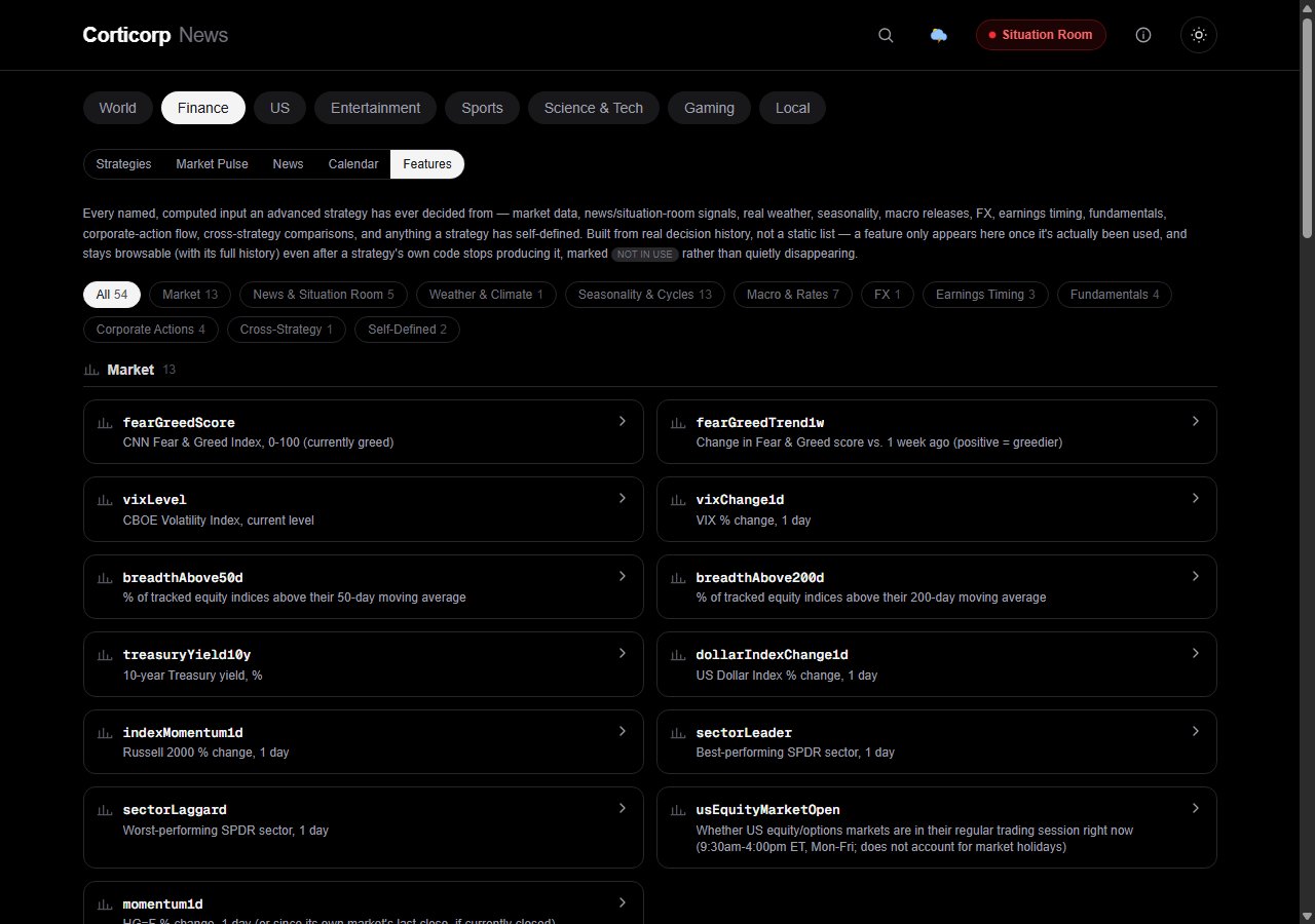 Features catalog listing named signals grouped by category with the total count and category filters