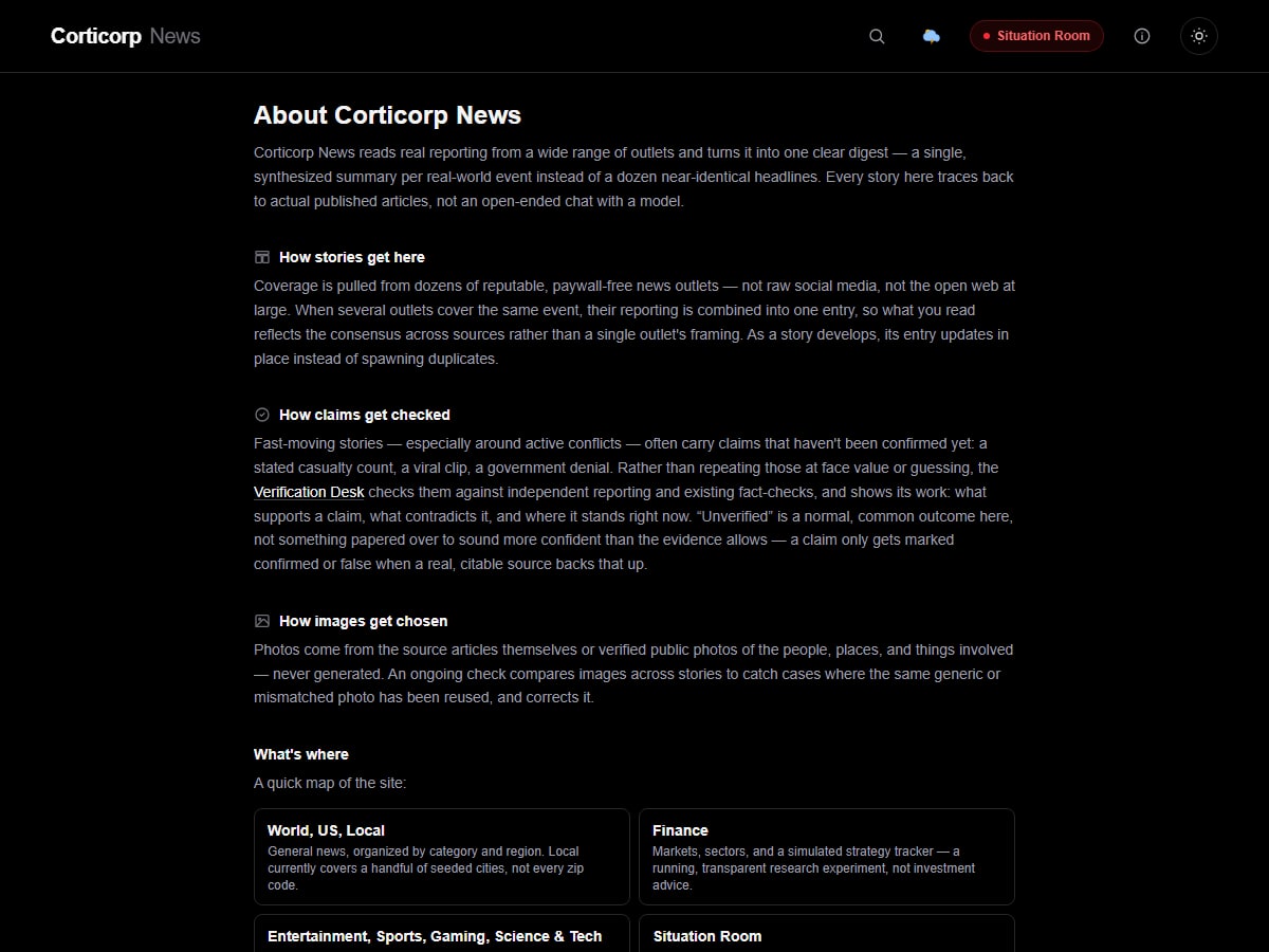 About page explaining how stories are sourced, checked, and chosen
