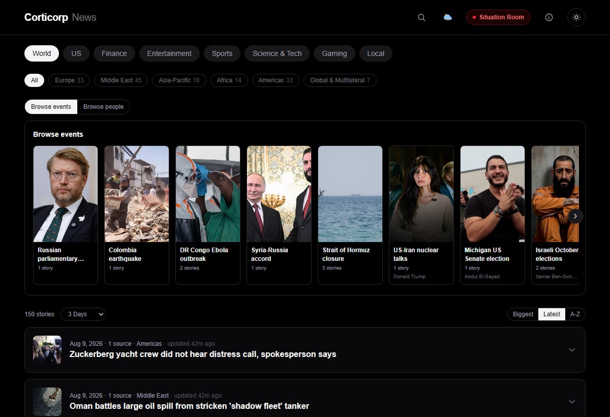 Corticorp News synthesized story feed with real photo coverage