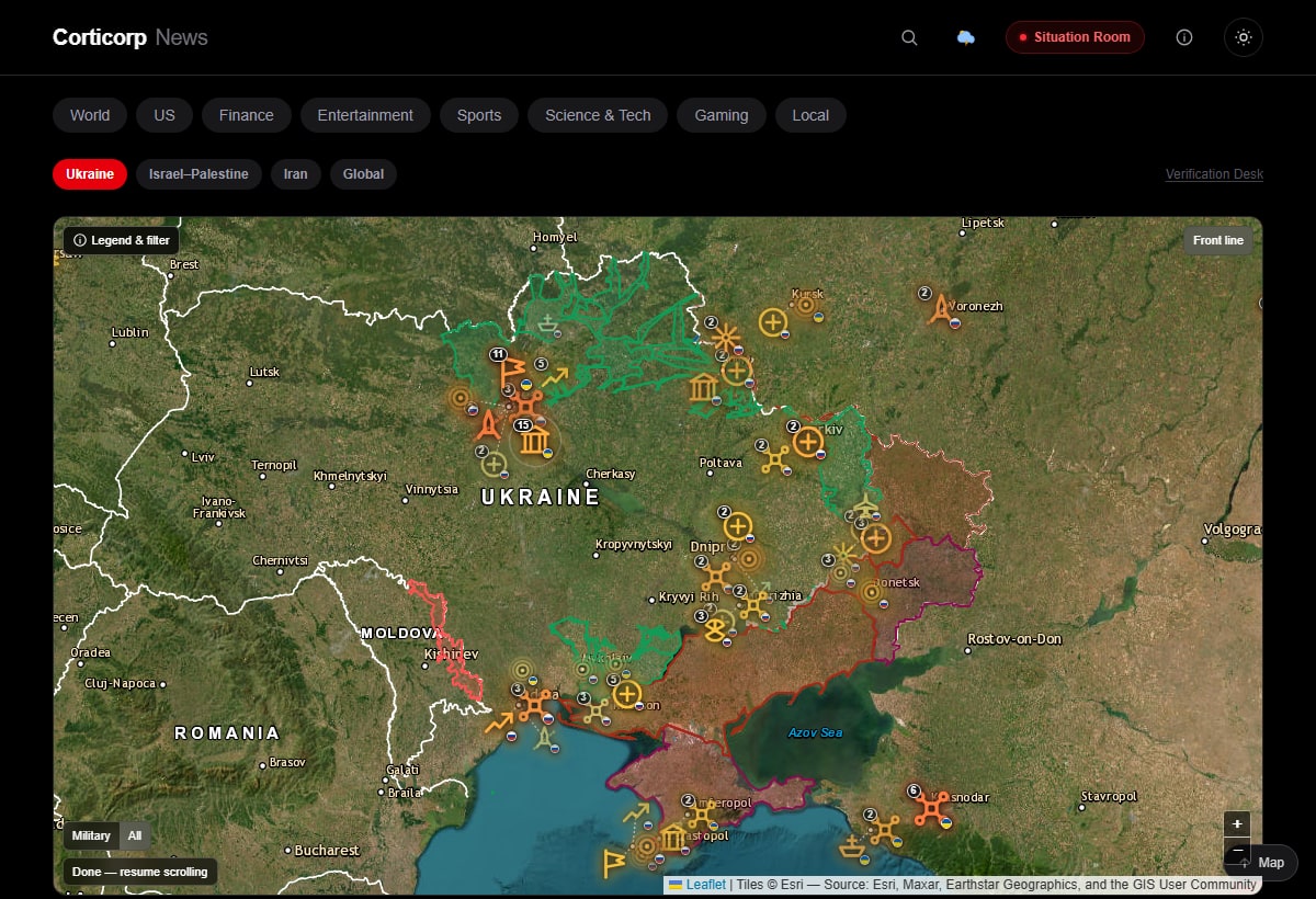 Live Situation Room satellite map of the Russia-Ukraine war with front-line overlay