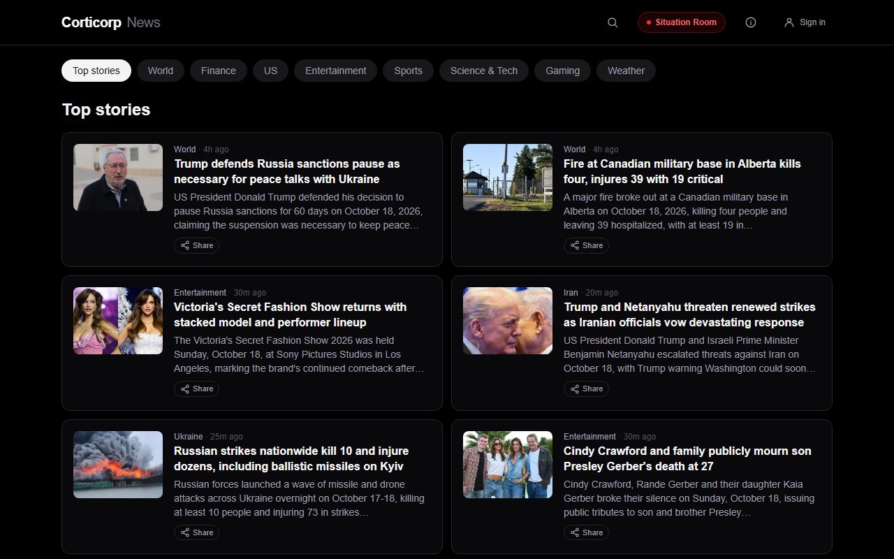 The Corticorp News front page, a grid of top stories with photos and a Share control on every card