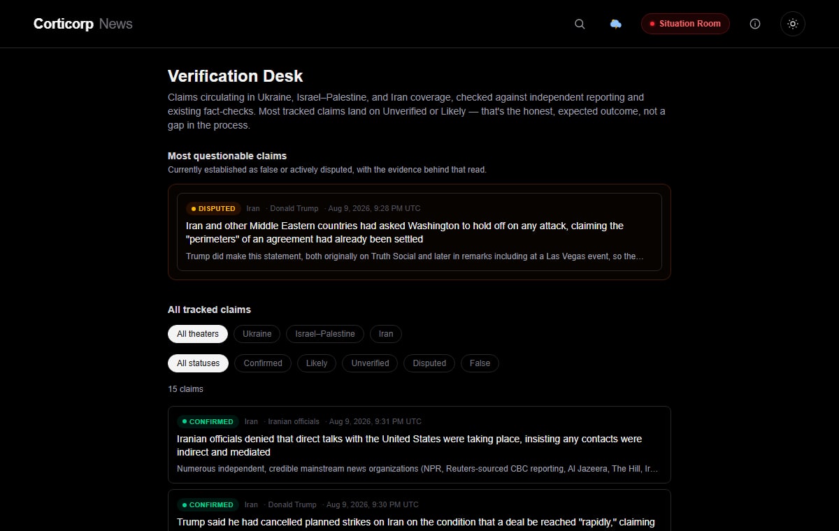 Corticorp News Verification Desk showing claim statuses and evidence