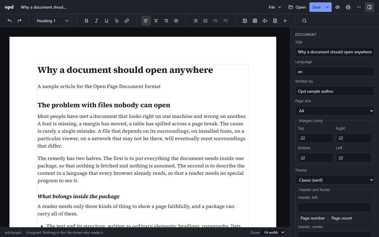 The opd editor with the article Why a document should open anywhere open, the standard toolbar above it, and the Document panel showing title, language, author, A4 page size, margins, theme, header and footer