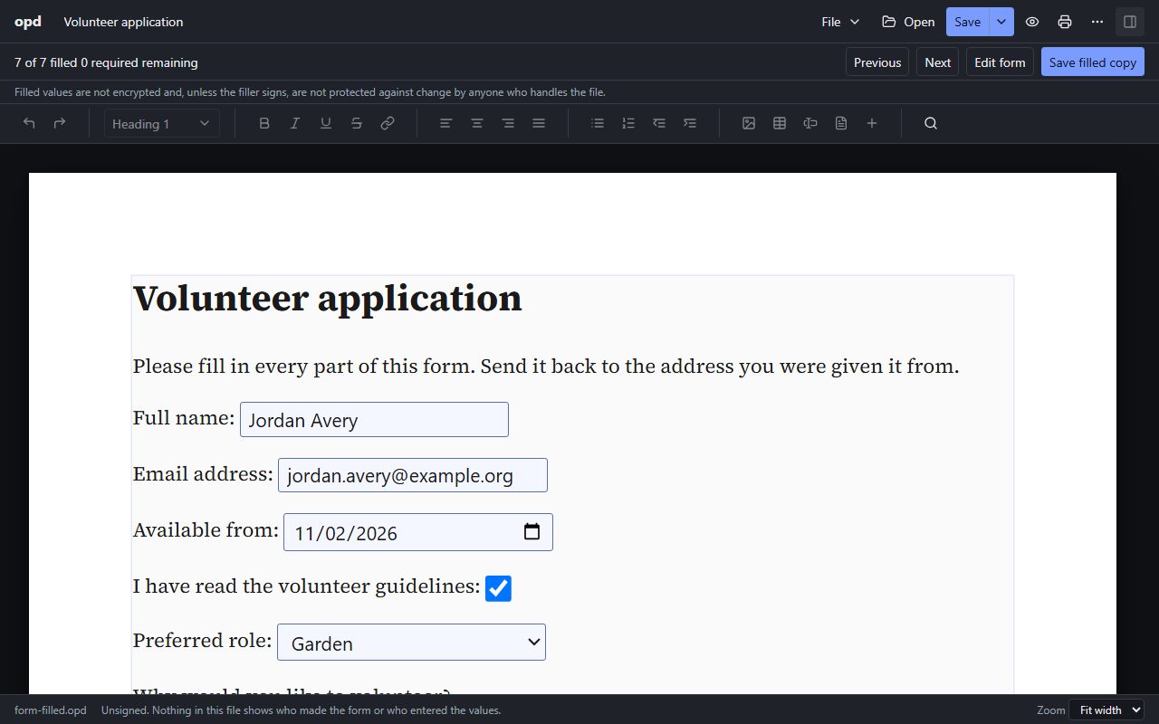 The opd editor with a volunteer application form filled in, seven of seven fields complete, and a Save filled copy button