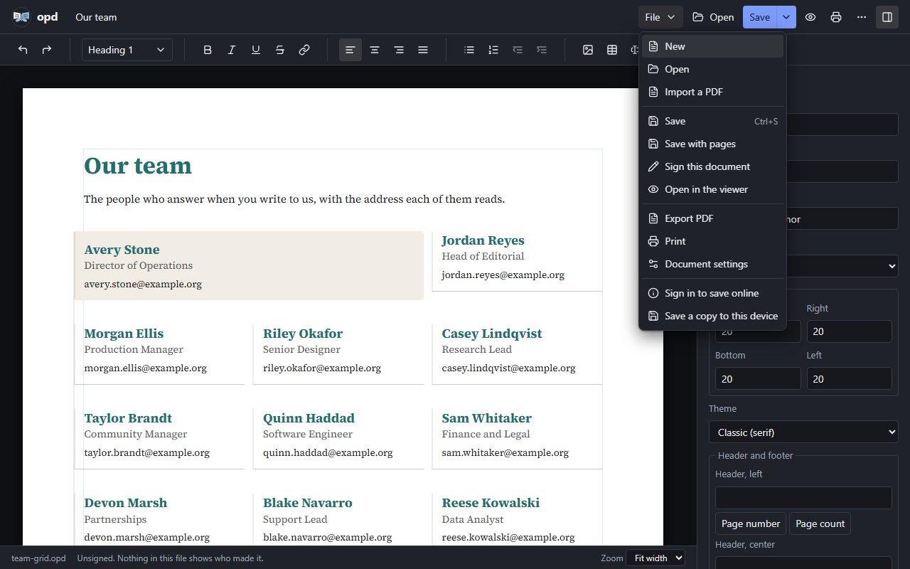 The opd editor showing an Our team page laid out as a three-column grid of cards, each with a name, a role and an email in named styles, with the File menu open on Export PDF, Print and Save with pages