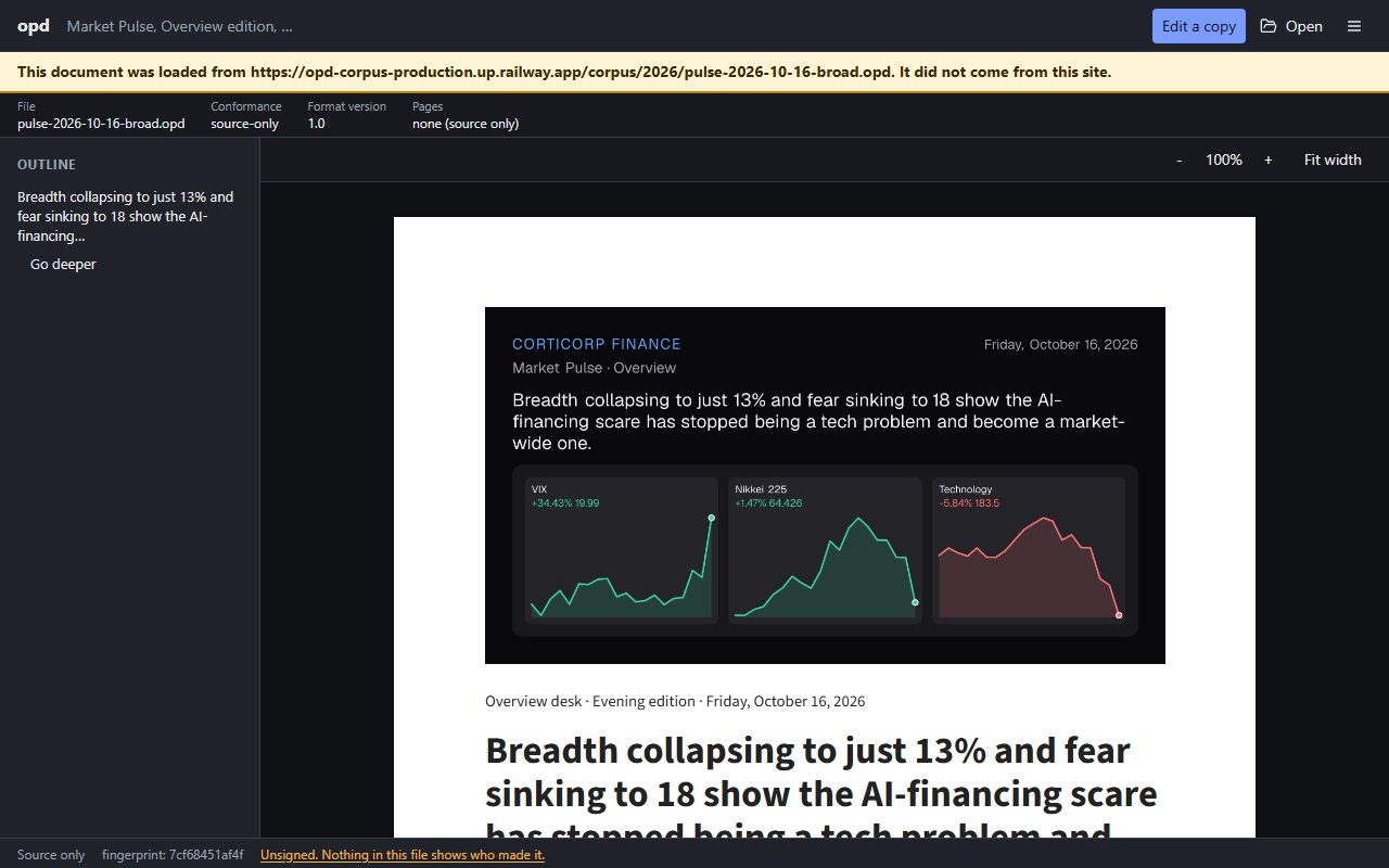The opd viewer showing a Corticorp Finance Market Pulse edition with its share card chart, an outline, and a provenance bar naming where the file came from