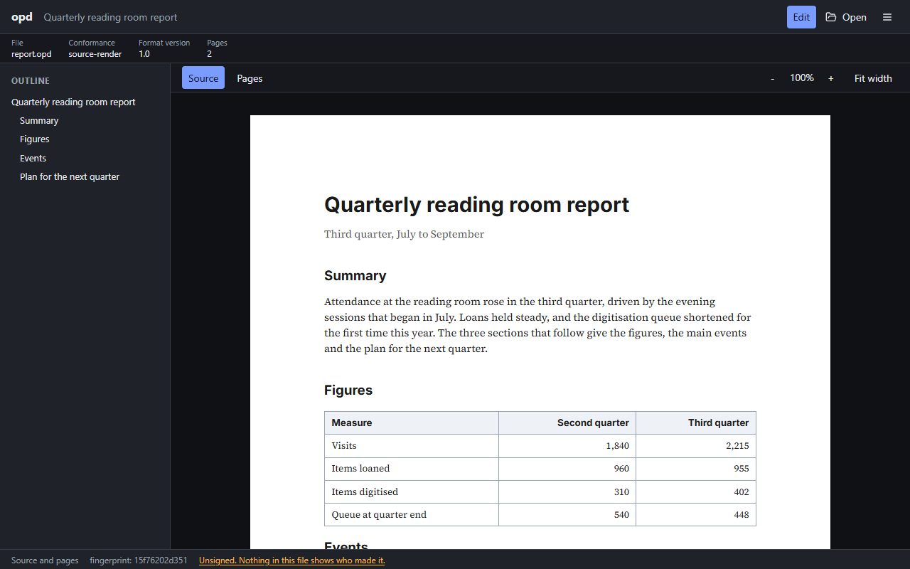 The opd viewer showing a Quarterly reading room report with an outline, Source and Pages tabs, a figures table, and a footer reading Source and pages, fingerprint, Unsigned