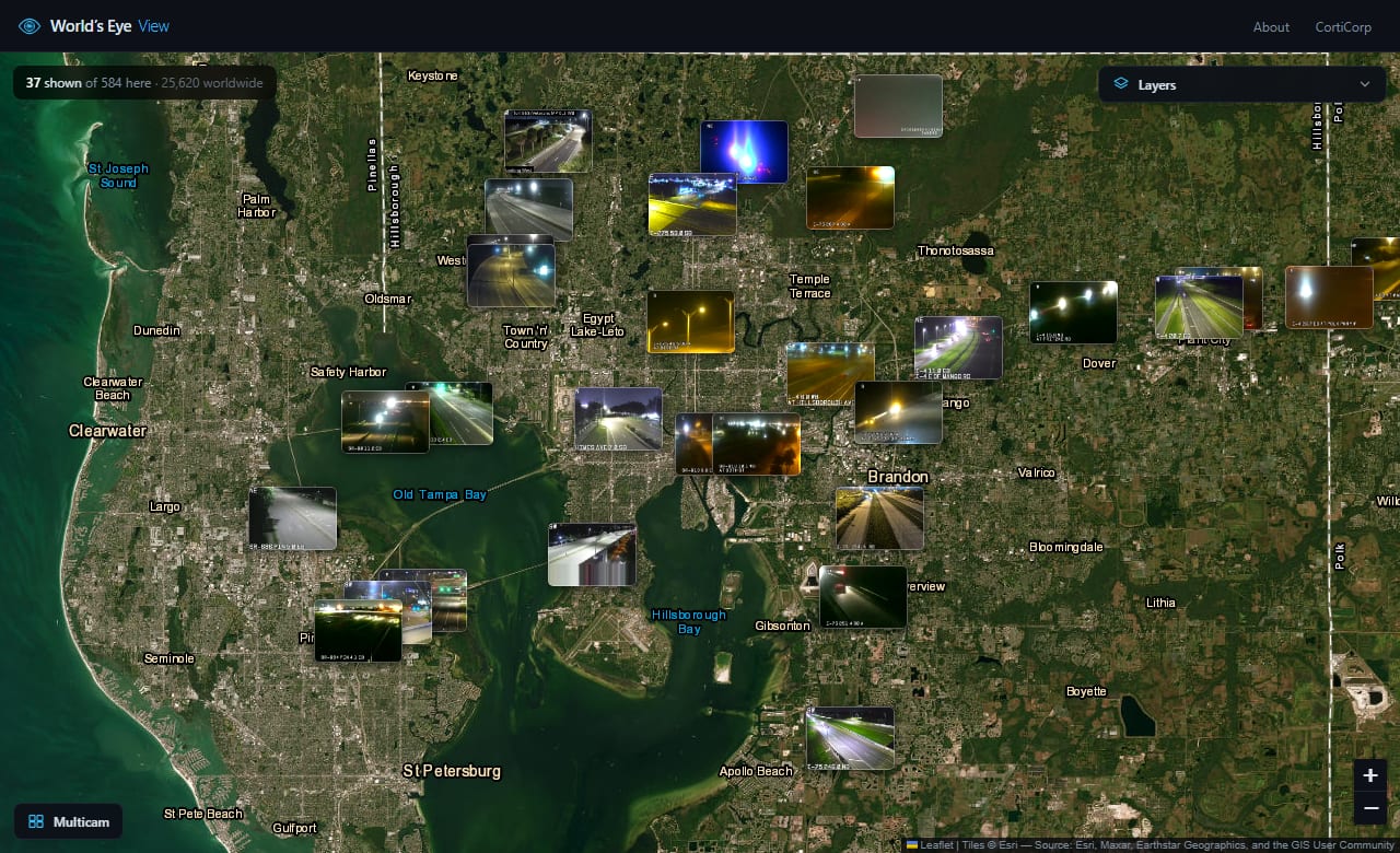 Dozens of live traffic camera thumbnails covering Tampa Bay at night