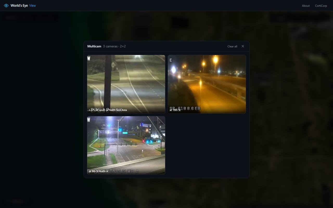 Multicam wall showing three live night-time traffic cameras arranged in a two-by-two grid